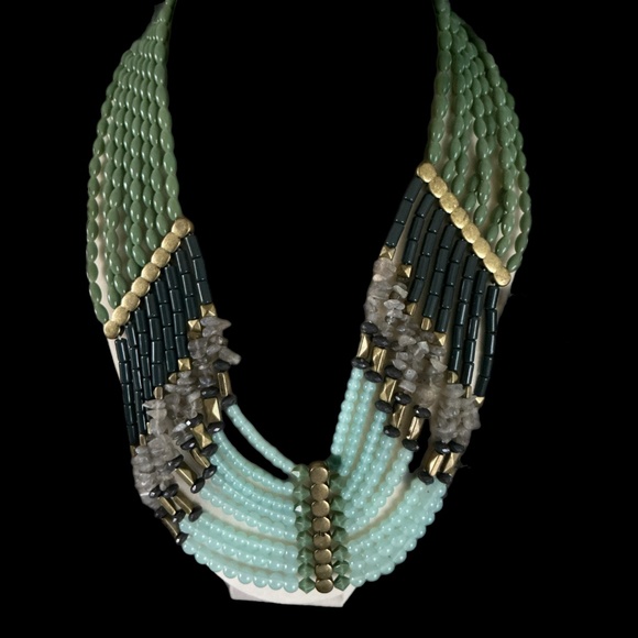 Lia Sophia Multi-Strand w Gemstones Statement Necklace – Green, Aqua & Grey Be - Picture 2 of 8